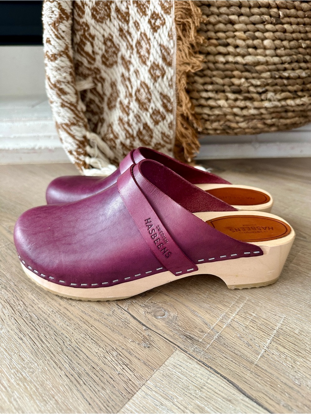 Swedish Hasbeens Wine/Purple Leather Clog Mule with Natural Wood Sole